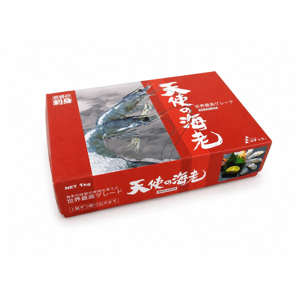 天使の海老 1kg のパッケージ箱（NET 1kg・1尾ずつ取り出せます）